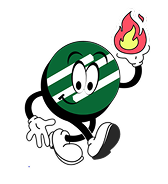 Grüne Kugel mit weißen Streifen, cartoonische Augen, trägt weiße Schuhe und hält eine kleine Flamme in der Hand.