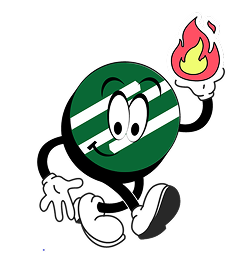 Grüner Kreis mit weißen Streifen, Cartoon-Gesicht, Händen und Füßen, hält eine stilisierte Flamme.