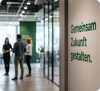 Büroflur mit einer Wandaufschrift „Gemeinsam Zukunft gestalten.“ Im Hintergrund unterhalten sich mehrere Personen in einer modernen, hellen Arbeitsumgebung.